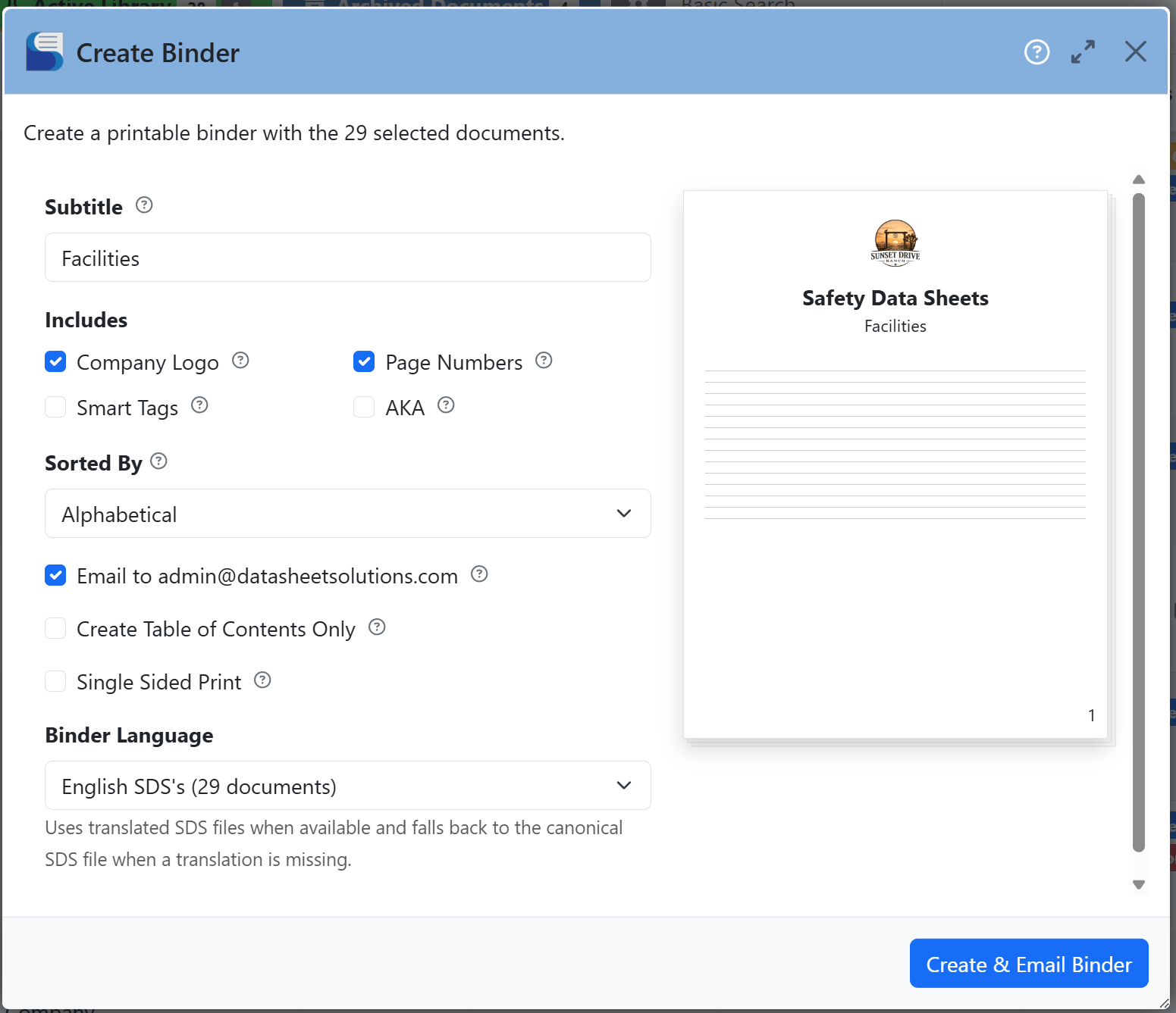 Create Binder window showing binder options, document settings and a printable safety data sheet preview