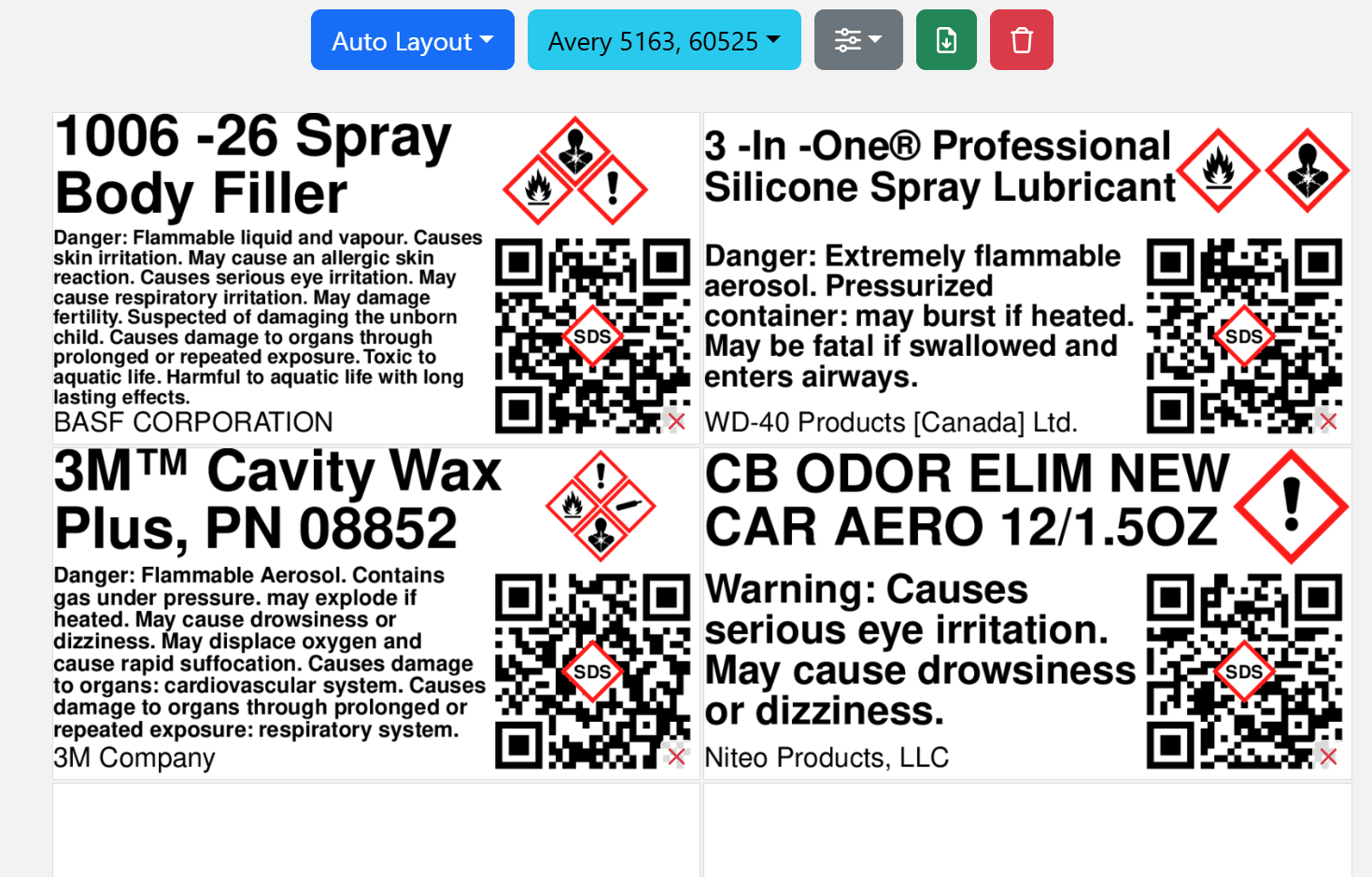Secondary-container label maker showing label layouts, hazard information, pictograms and QR codes