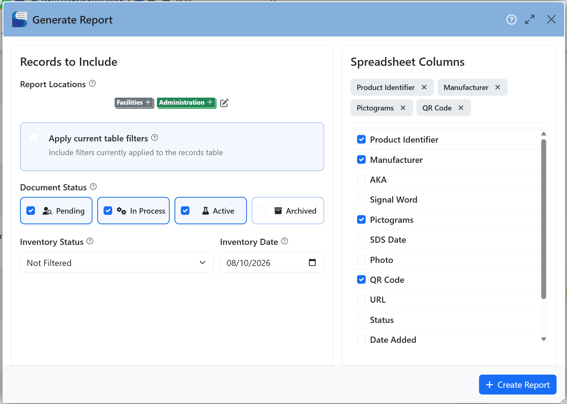 Generate Report window showing locations, filters, document status and selected spreadsheet columns