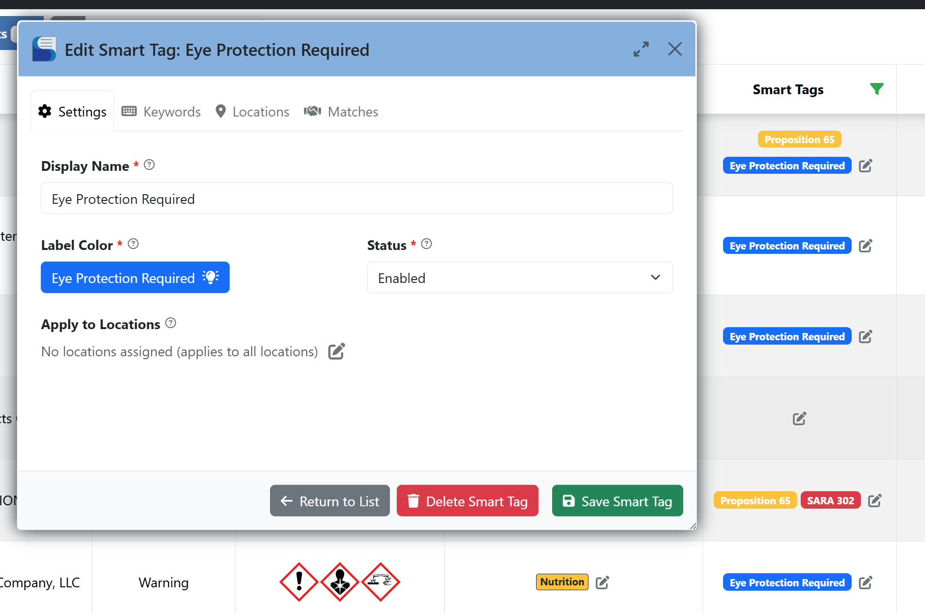 Smart Tag editor showing an Eye Protection Required tag with settings, keywords, locations and matches