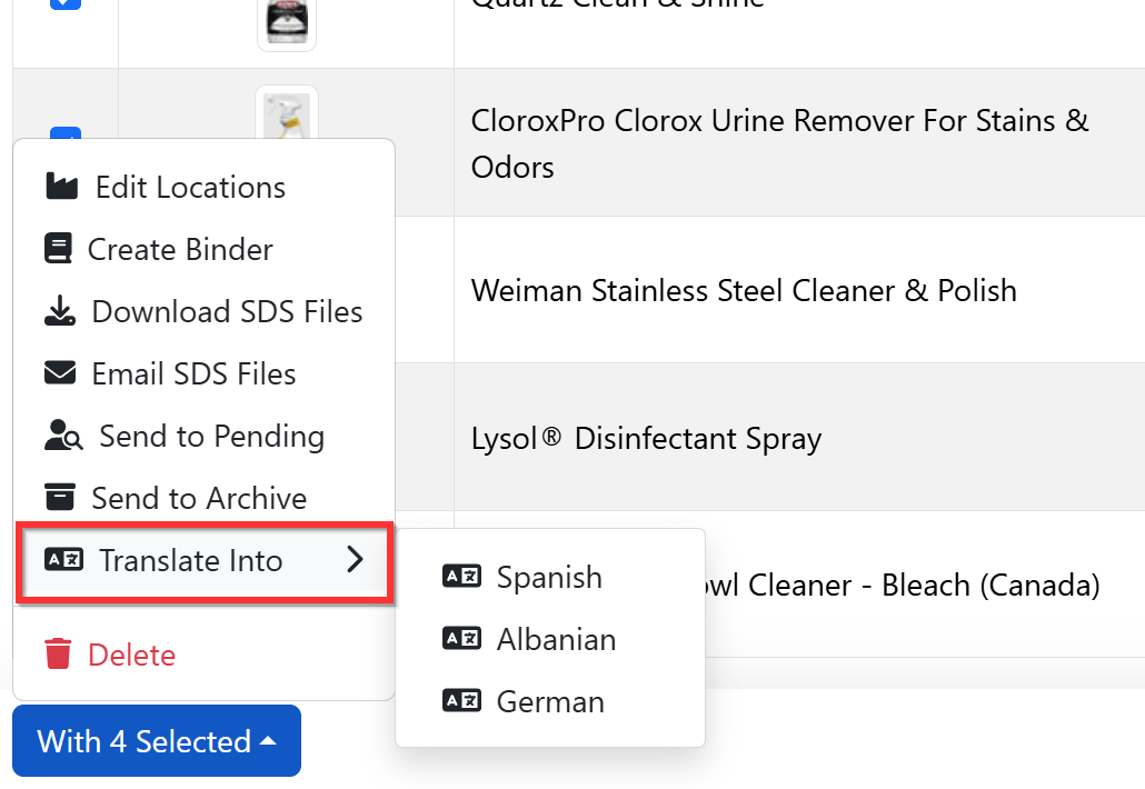 SDS library action menu showing Translate Into options for Spanish, Albanian and German